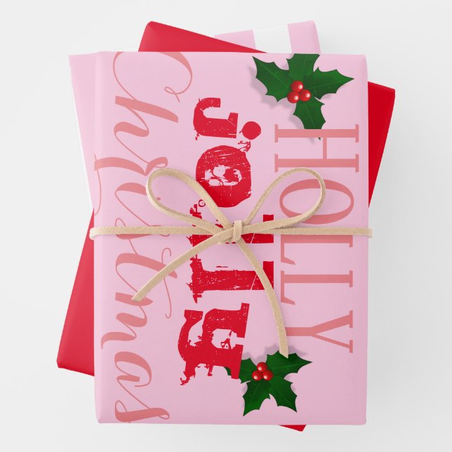 Rosa und Rot Holly Jolly Weihnachten Geschenkpapier Set (Beispiel)