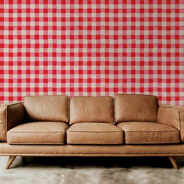 Rosa und Rot Kariert Tapete (Playful pink and red checkered plaid hand-drawn wallpaper.)