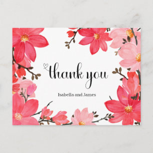 Rosa und rote Aquarell-Blumen Dankeschön Postkarte