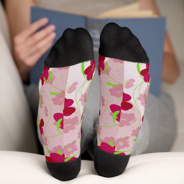 Rosa und rote Blume - Blumen Socken (Unterseite)
