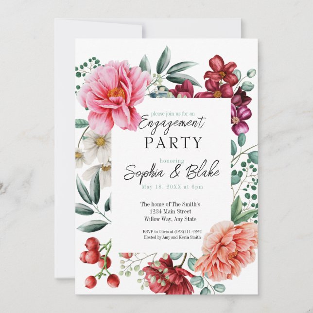 Rosa und rote Blume | White Engagement Party Einladung (Vorderseite)