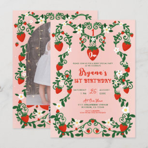 Rosa und rote Blumenranken Erdbeere 1. Geburtstag  Einladung