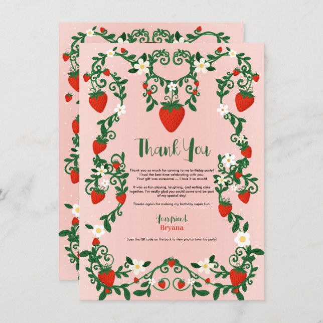 Rosa und Rote Blüten Erdbeere Niedlich Vielen Dank Einladung (Vorne/Hinten)