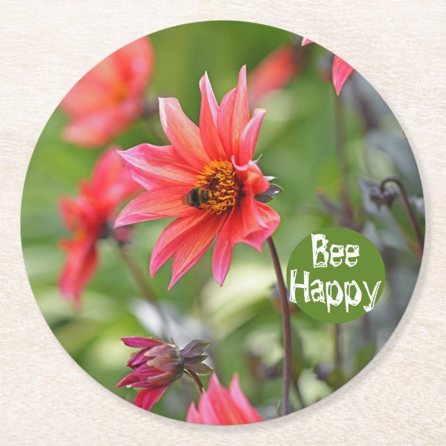 Rosa und Rote Dahlia Bee Happy Blume Motivierend Runder Pappuntersetzer (Vorderseite)