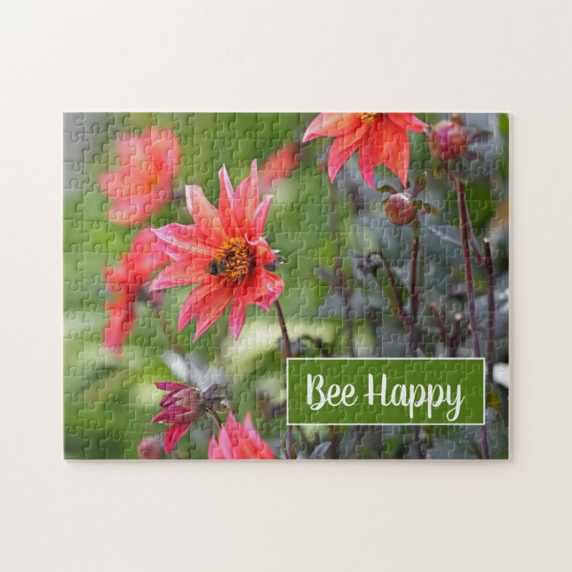 Rosa und Rote Dahlia Garden Blume Bee Happy Puzzle (Horizontal)
