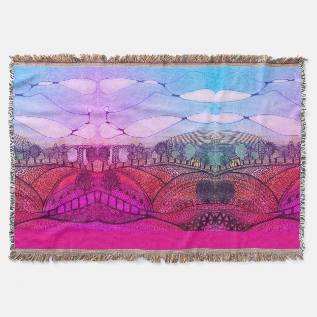 Rosa und rote Doodart Landschaft Throw Blanket Decke (Vorderseite)