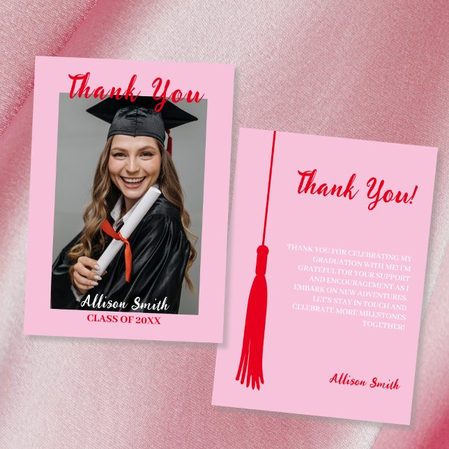 Rosa und Rote Feminine Foto Abschluss Vielen Dank Karte (Pink & Red Feminine Photo Graduation Thank You Card)