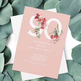 Rosa und Rote Flora Elegant 90. Geburtstagsparty Einladung