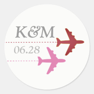 Rosa und rote Flugzeuge auf weiß + Initialen, Reis Runder Aufkleber