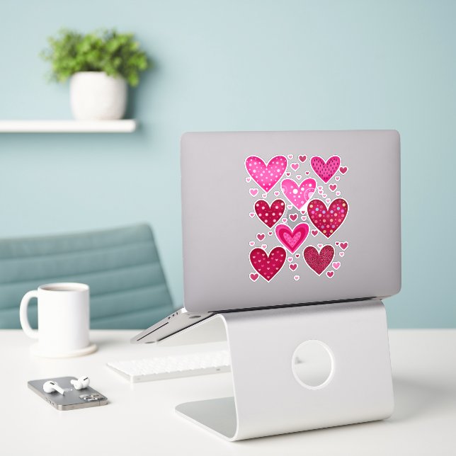 Rosa und rote gemusterte Herzen Aufkleber (Laptop auf Schreibtisch)
