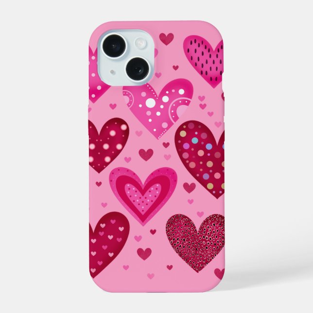 Rosa und rote gemusterte Herzen iPhone 15 Hülle (Rückseite)