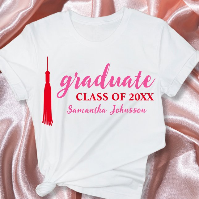 Rosa und Rote Graduate Name 2024 Abschluss T-Shirt (Pink & Red Graduate Name 2024 Graduation T-Shirt)