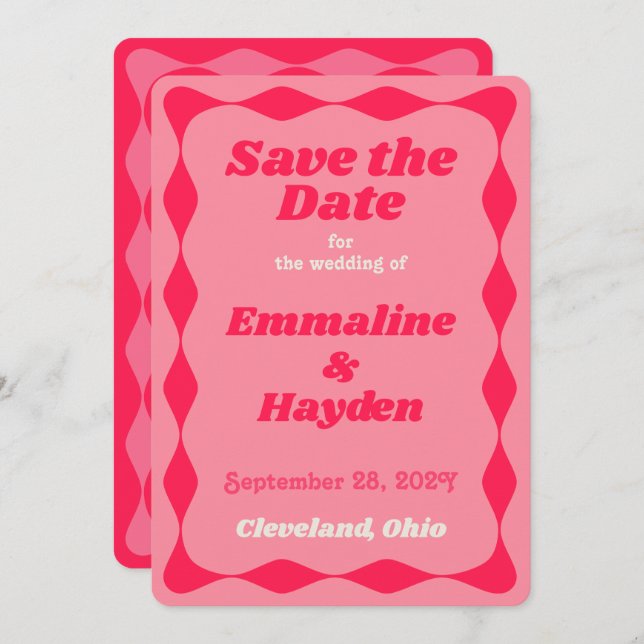 Rosa und Rote Groovy Wavy Border Wedding Save The Date (Vorne/Hinten)