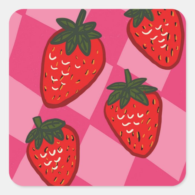 Rosa und Rote Hand Erdbeere überprüft Quadratischer Aufkleber (Vorderseite)