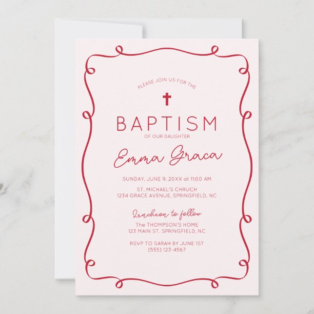 Rosa und Rote Hand Taufe Einladung (Vorderseite)