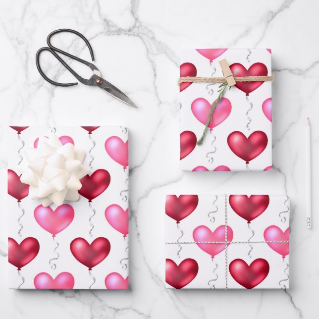 Rosa und Rote Herzen Valentinstag Hochzeit Geschenkpapier Set (Vorderseite)