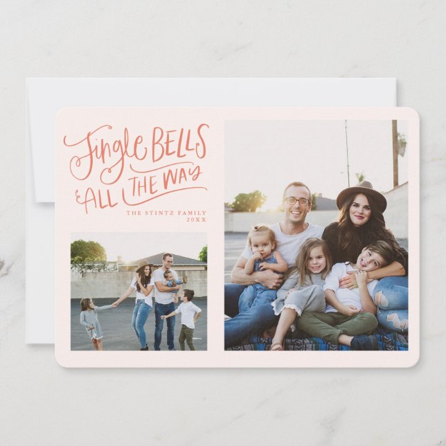 Rosa und rote Jingle Bells Holiday Foto Card Einladung (Vorderseite)