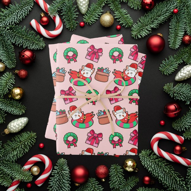 Rosa und rote Kawaii Weihnachtskatze Geschenkpapier Set (Von Creator hochgeladen)