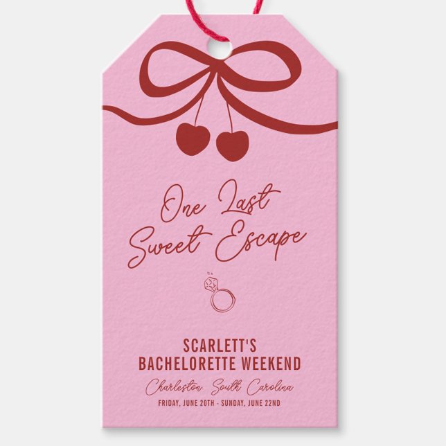 Rosa und Rote Kirsche Bachelorette Geschenkanhänger (One Last Sweet Escape gift tags, perfect for favors, with names on the back for a special touch)