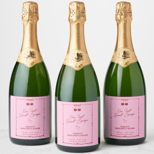 Rosa und Rote Kirsche Bachelorette Weekend Champag (One Last Sweet Escape champagne label, bachelorette party favors, toasting, bachelorette weekend)