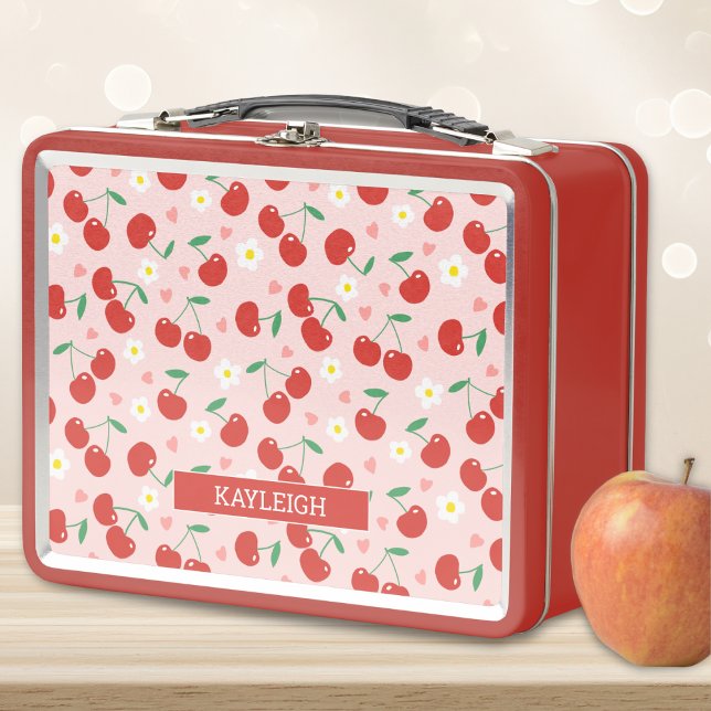 Rosa und Rote Kirsche | Hintergrundmuster-Backpack Metall Brotdose (Von Creator hochgeladen)