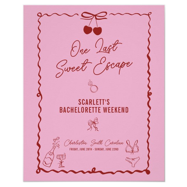 Rosa und Rote Kirsche Junggeselinnen-Abschied Woch Poster (One Last Sweet Escape welcome sign, bachelorette, party décor, red, pink, cherry, bow, girls weekend)