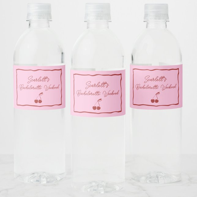 Rosa und Rote Kirsche Junggeselinnen-Abschied Woch Wasserflaschenetikett (One Last Sweet Escape water bottle labels, bachelorette, party favors, red, pink, personalized, chic)