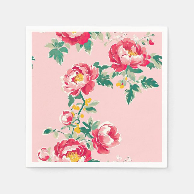 Rosa und Rote Peony Chinoiserie Blumen Serviette (Vorderseite)