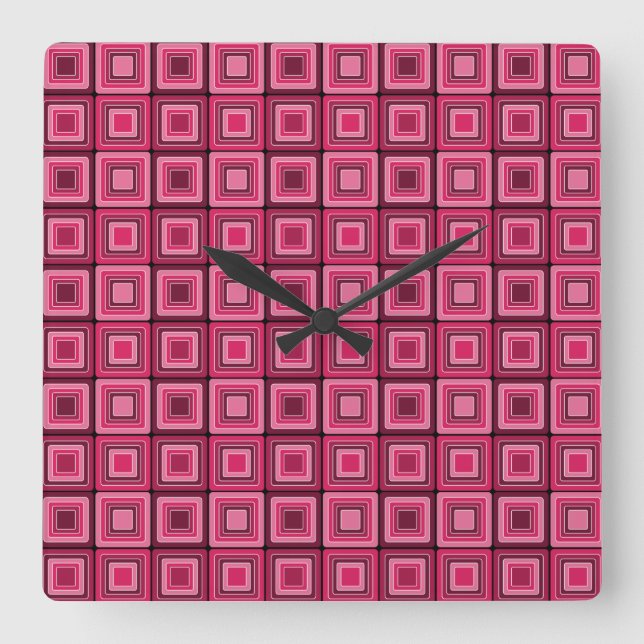 Rosa und rote Quadrate Funke Wall Clock Quadratische Wanduhr (Vorderseite)