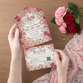 Rosa und rote romantische Frühlingsblumen QR-Code  All In One Einladung