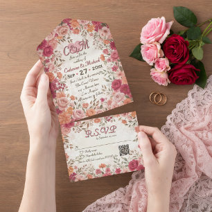 Rosa und rote romantische Frühlingsblumen QR-Code All In One Einladung
