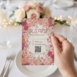 Rosa und rote romantische Frühlingsblumen QR-Code  RSVP Karte