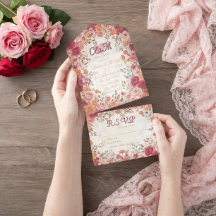 Rosa und rote romantische Rosen Frühlingshochzeit  All-in-One-Einladung