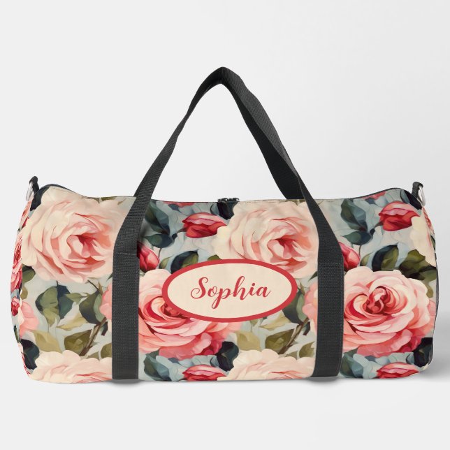 Rosa und Rote Rosen Blumenmuster Duffle Bag (Vorderseite)