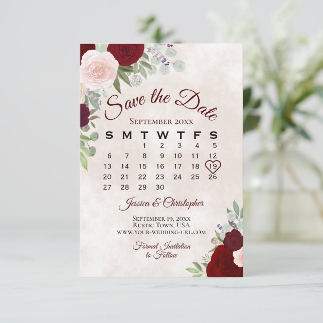 Rosa und Rote Rosen Elegante Hochzeitsskalender Bo Save The Date (Stehend Vorderseite)