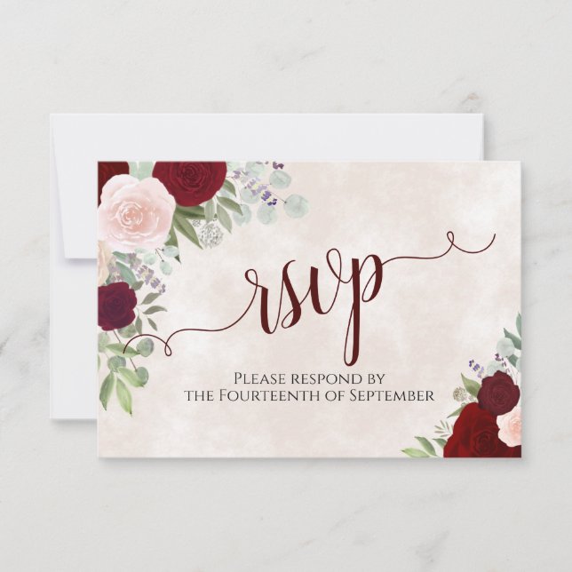 Rosa und Rote Rosen Hochzeit in eleganter Kalligra RSVP Karte (Vorderseite)
