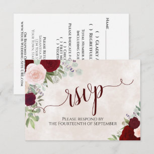 Rosa und Rote Rosen Hochzeit in eleganter Kalligra RSVP Karte