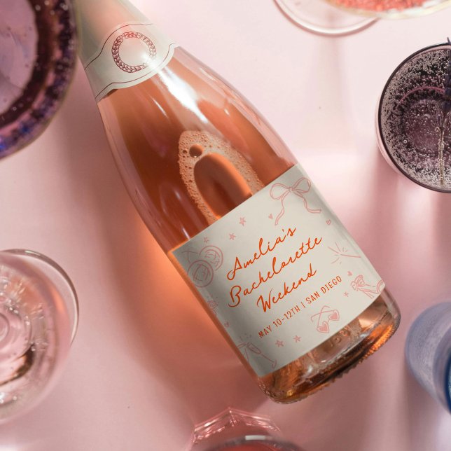 Rosa und Rote Sketch Bachelorette Wochenende (Pink and red bachelorette party sparkling wine bottle labels.)