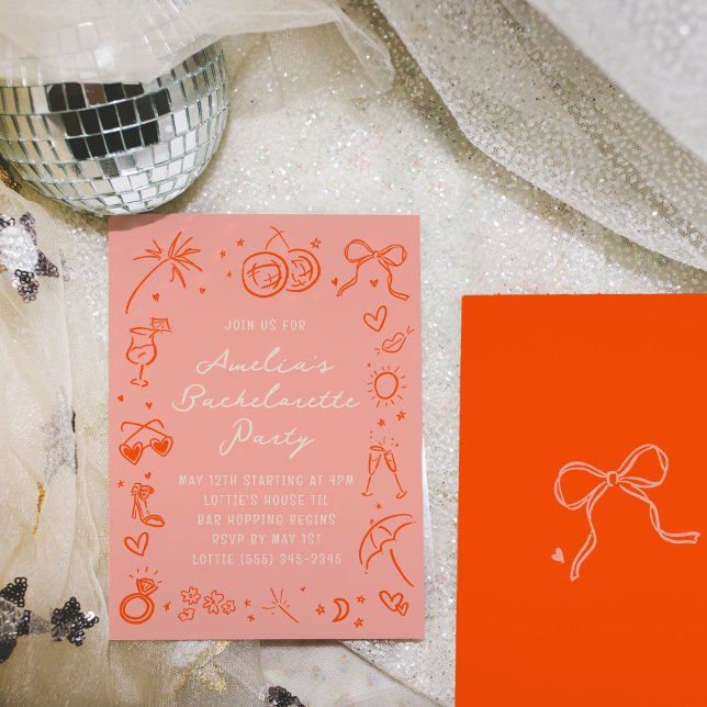 Rosa und Rote Sketch Bachelorette Wochenende Party Einladung (Pink and red hand drawn sketch girly icon illustrations bachelorette party invitations.)
