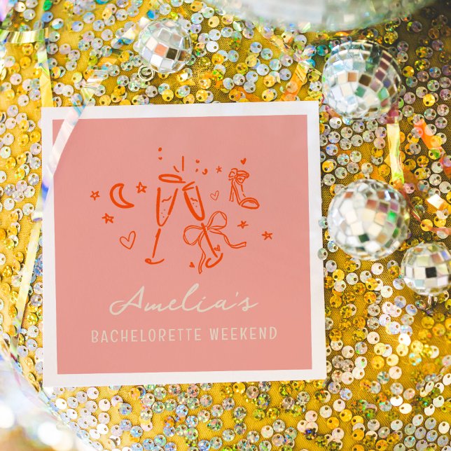 Rosa und Rote Sketch Bachelorette Wochenende Party Serviette (Pink and red hand drawn sketch girly icon illustrations bachelorette party napkins.)