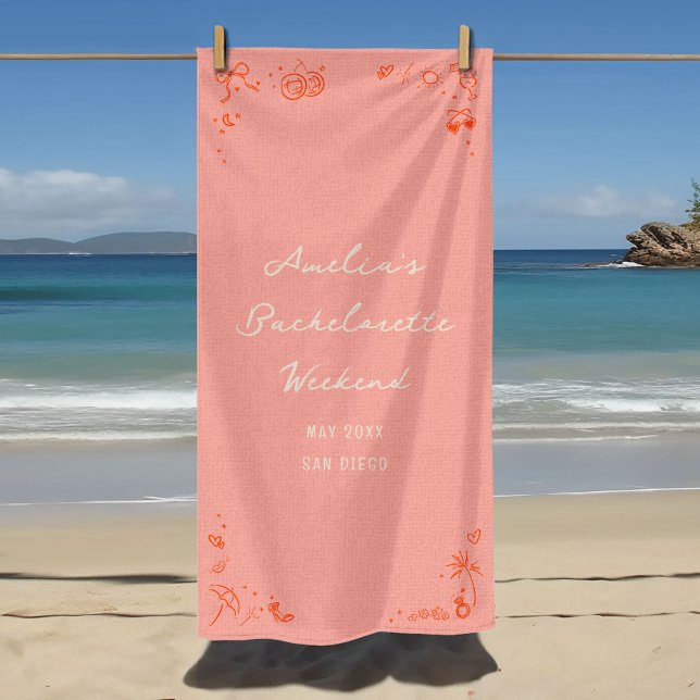 Rosa und Rote Sketch Bachelorette Wochenende Party Strandtuch (Pink and red hand drawn sketch illustrations girly icons bachelorette weekend party beach towel.)