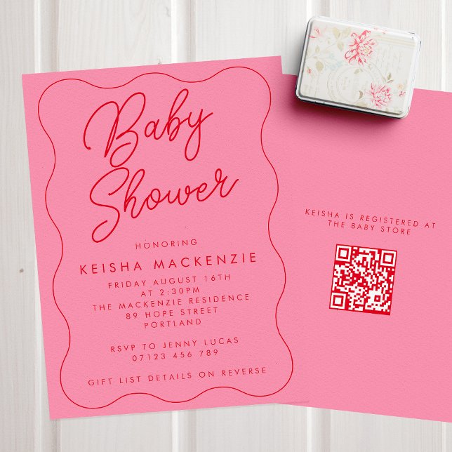 Rosa und rote Squiggle QR Code Kinderdusche Einladung (Von Creator hochgeladen)