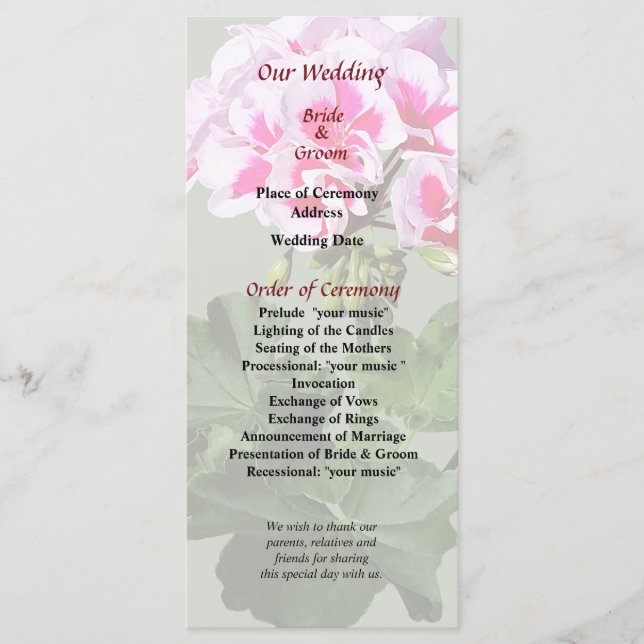 Rosa und rote Storchschnabel-Hochzeitsprogramm Programm (Vorderseite)