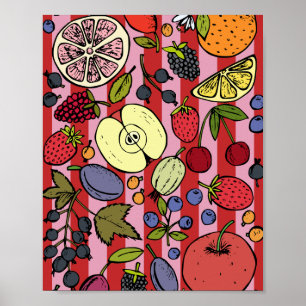 Rosa und rote Streifen mit bunten Früchten Poster
