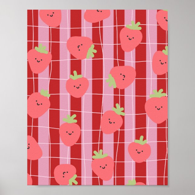 Rosa und rote Streifen mit Erdbeeren Poster (Vorne)