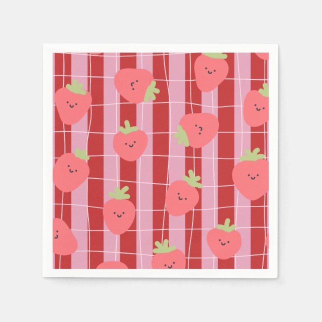 Rosa und rote Streifen mit Erdbeeren Serviette (Vorderseite)