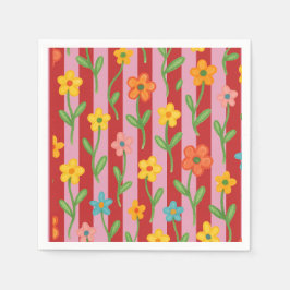 Rosa und rote Streifen mit farbenfrohen Blumen Serviette