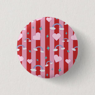 Rosa und rote Streifen mit Regenbögen und Herzen Button