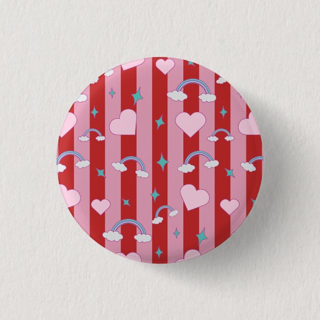 Rosa und rote Streifen mit Regenbögen und Herzen Button (Vorderseite)
