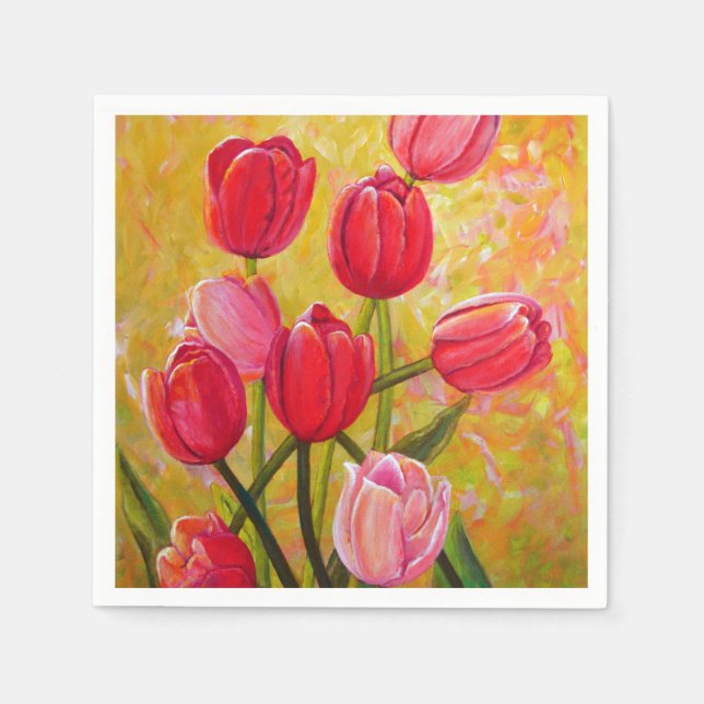 Rosa und Rote Tulip Blume Malerei Serviette (Vorderseite)